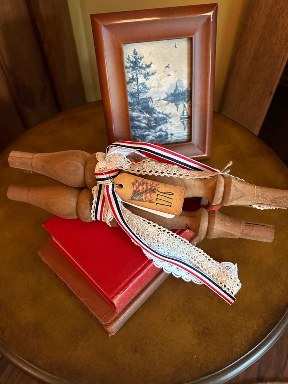 Rustic Vintage Wooden Spindle Bundle with Patriotic Tag and Ribbon